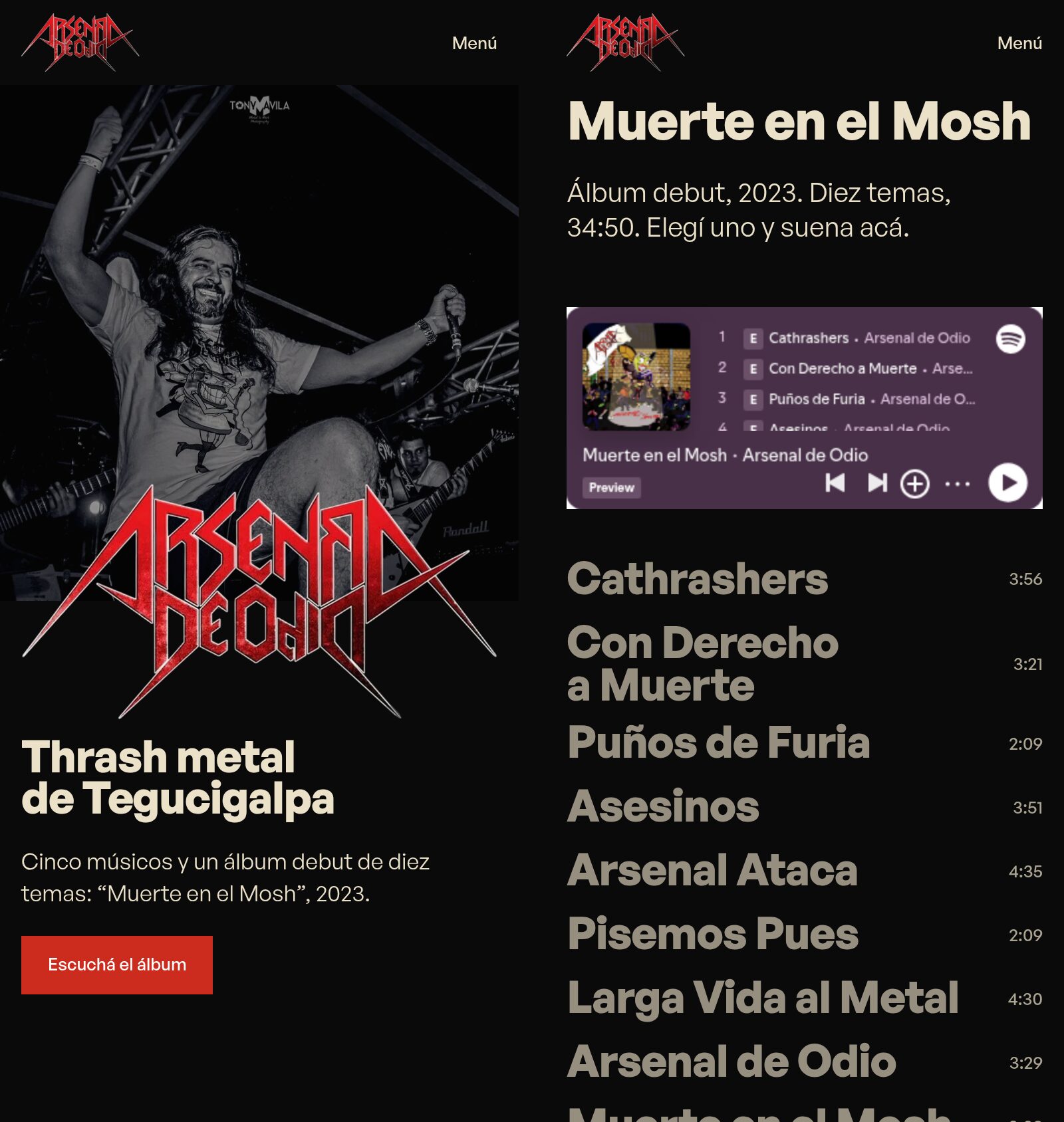 El sitio en un teléfono de 390 px de ancho: a la izquierda la portada, con el logo sobre una foto en blanco y negro del cantante, y a la derecha la sección de canciones con el reproductor de Spotify