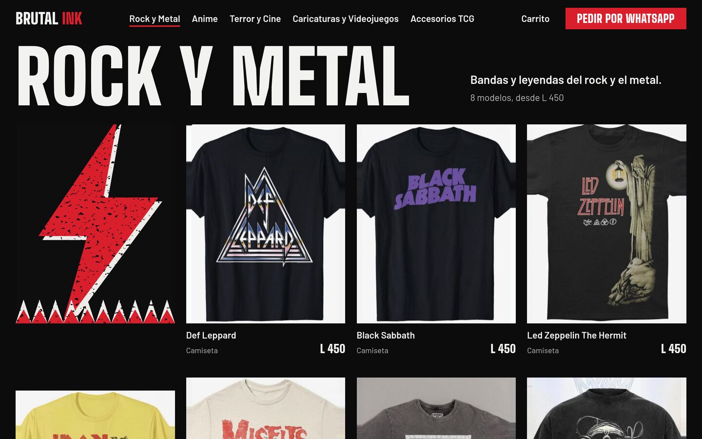Categoría Rock y Metal en escritorio: el título, “8 modelos, desde L 450” y una cuadrícula con las camisetas de Def Leppard, Black Sabbath y Led Zeppelin, cada una con su precio