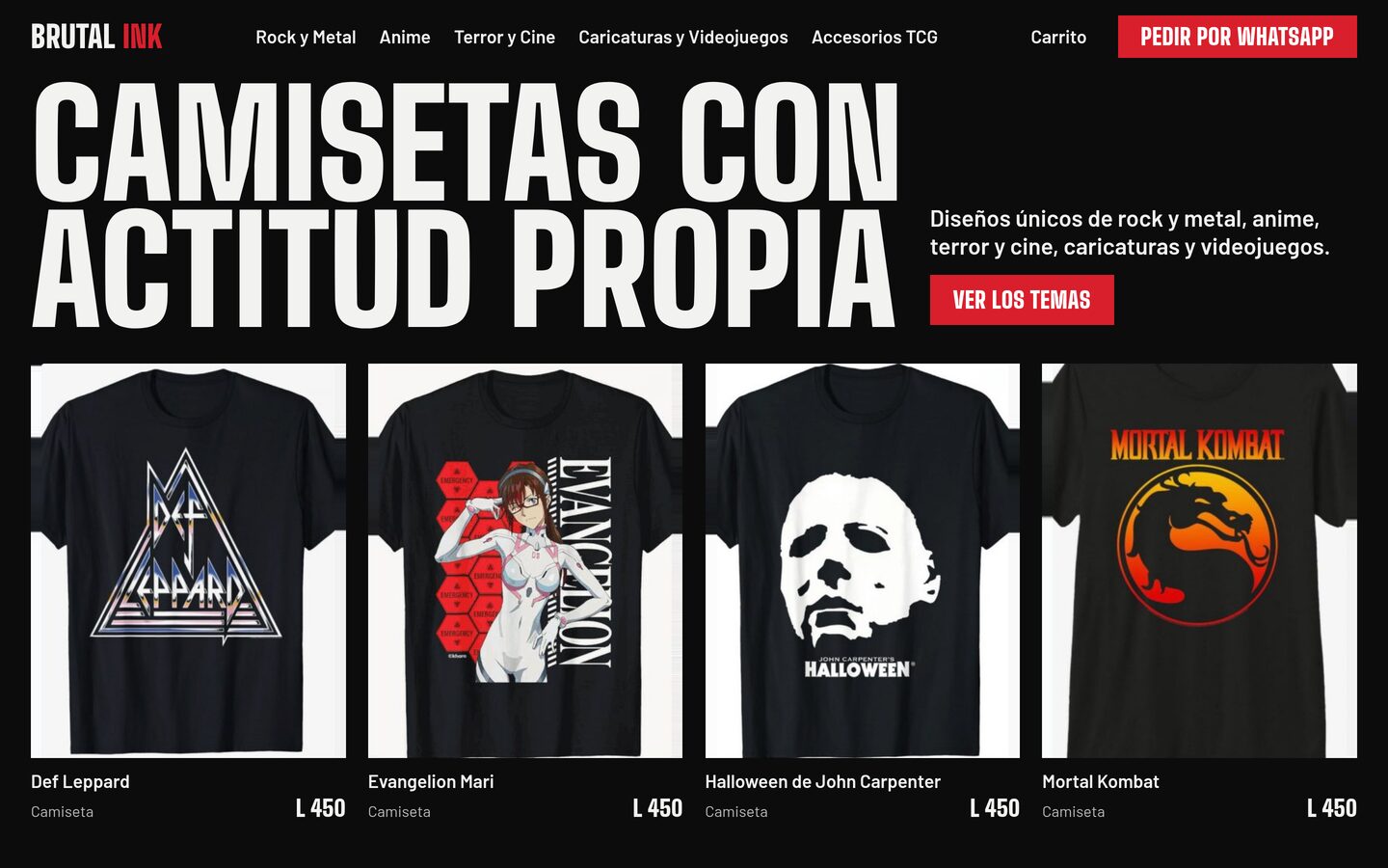 Portada de la tienda en escritorio: el título “Camisetas con actitud propia” sobre fondo negro, el botón “Ver los temas” y cuatro camisetas con su nombre y su precio en lempiras