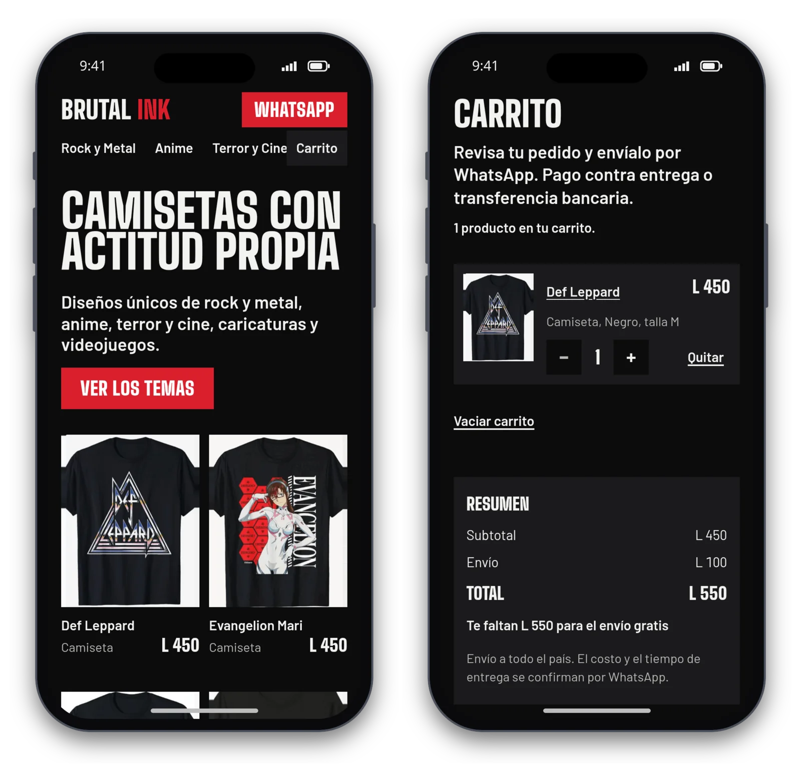 La tienda en dos teléfonos de 390 px de ancho: a la izquierda la portada, con el título y las primeras camisetas, y a la derecha el carrito con el aviso Te faltan L 550 para el envío gratis