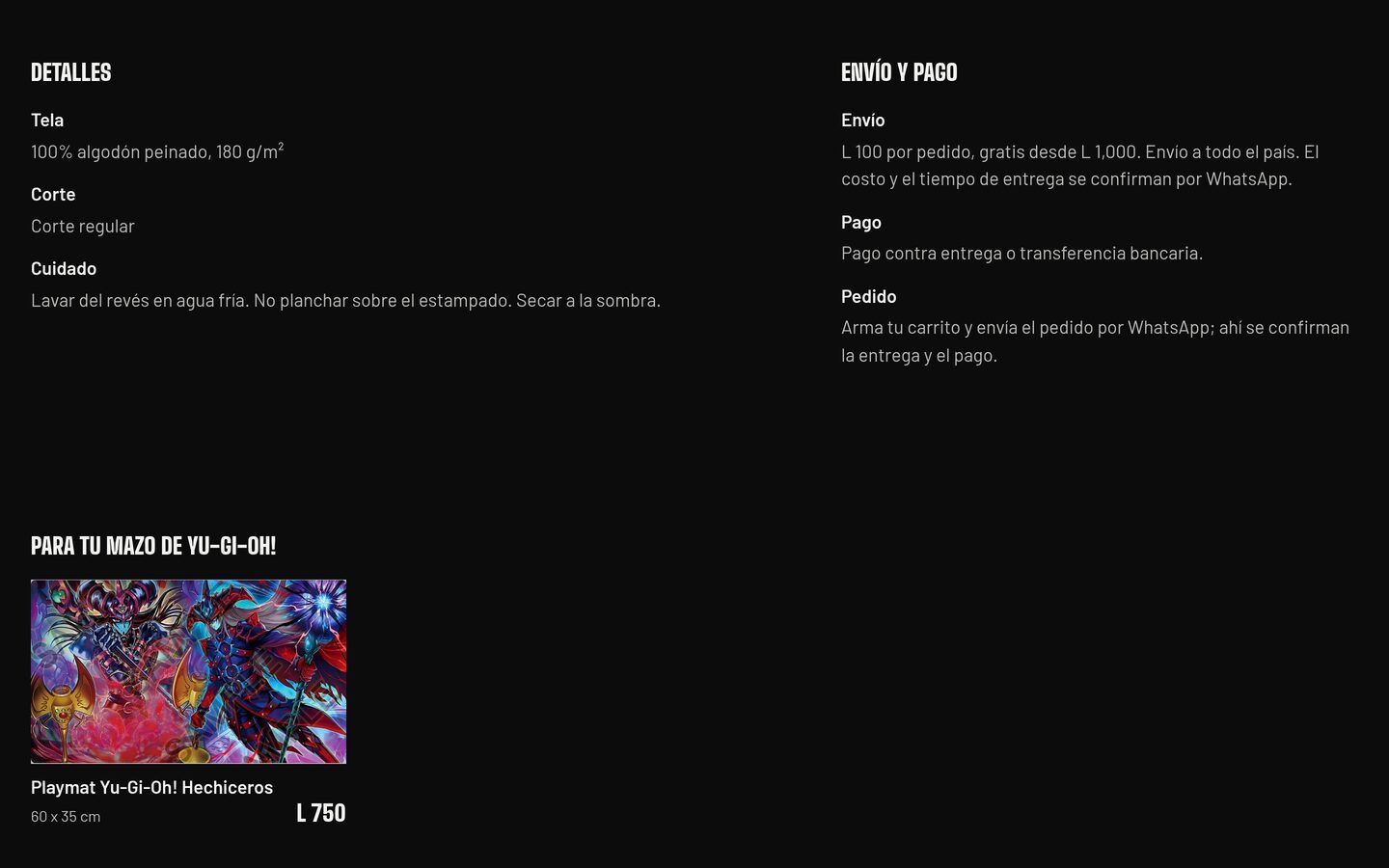 Parte baja de la página de producto: las secciones Detalles y Envío y pago, y la fila “Para tu mazo de Yu-Gi-Oh!” con el playmat Yu-Gi-Oh! Hechiceros