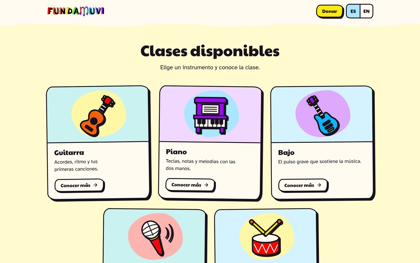 Sección de clases disponibles en escritorio: tarjetas de guitarra, piano y bajo con su ilustración, y dos más debajo