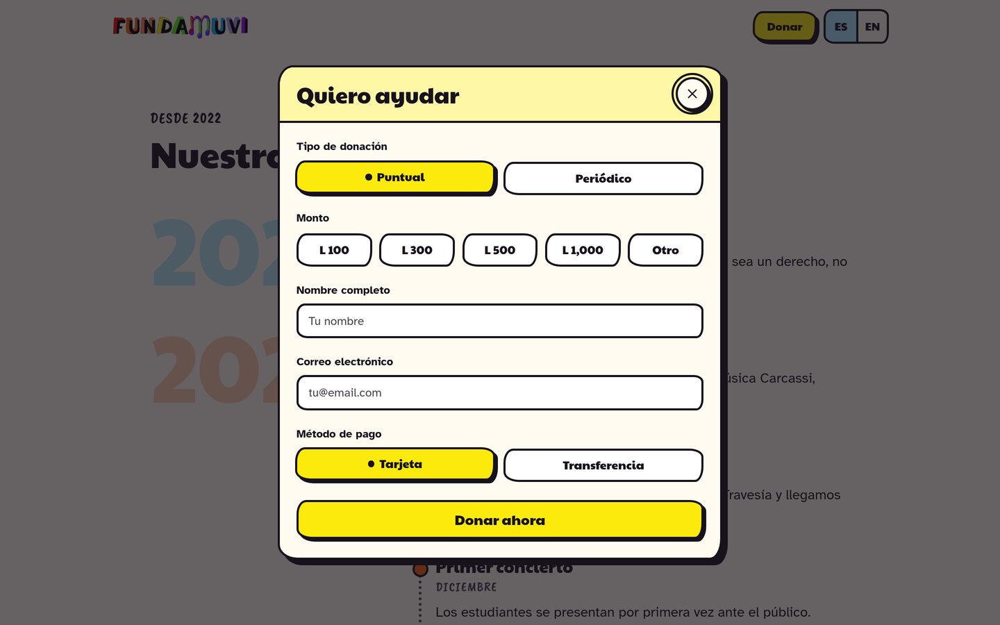 El diálogo de donación abierto sobre el sitio: tipo de donación puntual o periódico, montos de L 100 a L 1,000 u otro, nombre, correo y método de pago