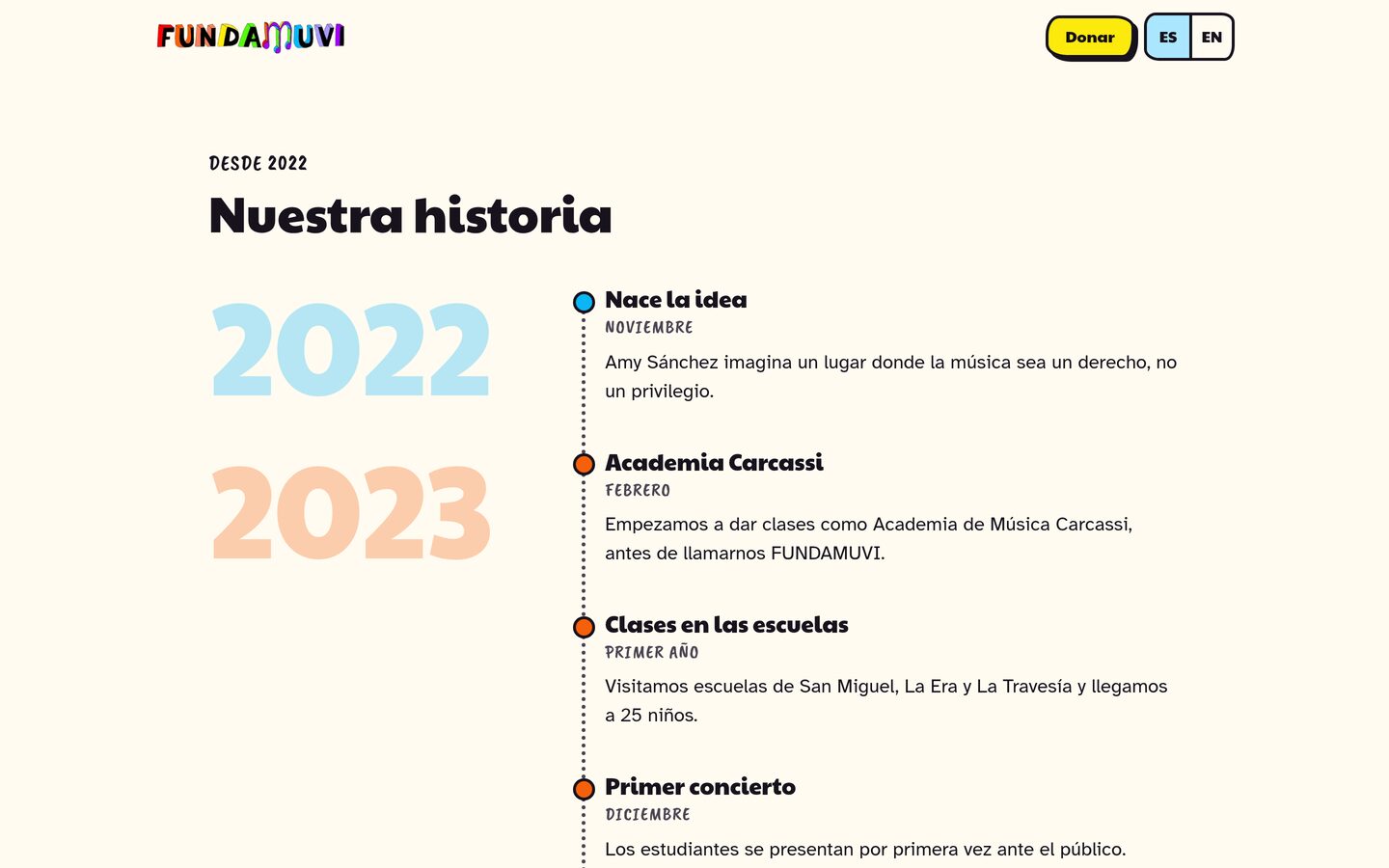 Sección de historia en escritorio: el título “Nuestra historia” y una línea de tiempo con los años 2022 y 2023 en cifras grandes de colores